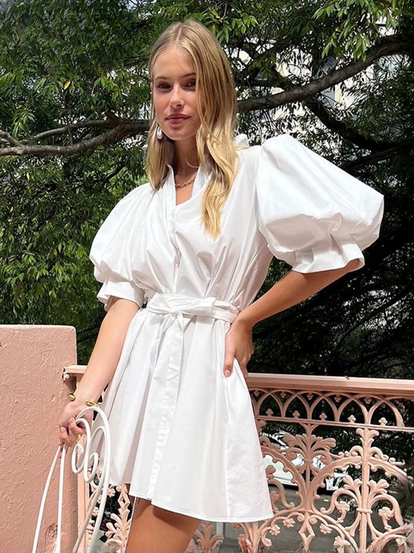 Elegant Solid Lace-Up Stand Collar Short Sleeve Mini Dresses