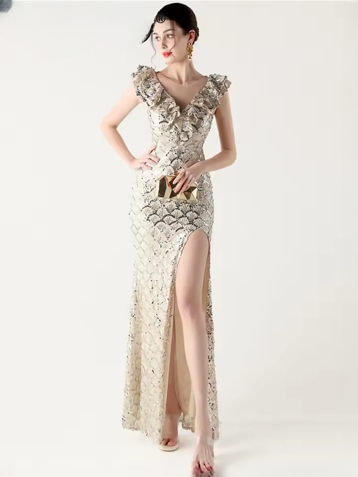 Elegant Solid Backless V-Neck Sequin zipper Party sleeveless Long Maxi Dresses