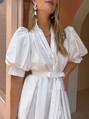 Elegant Solid Lace-Up Stand Collar Short Sleeve Mini Dresses