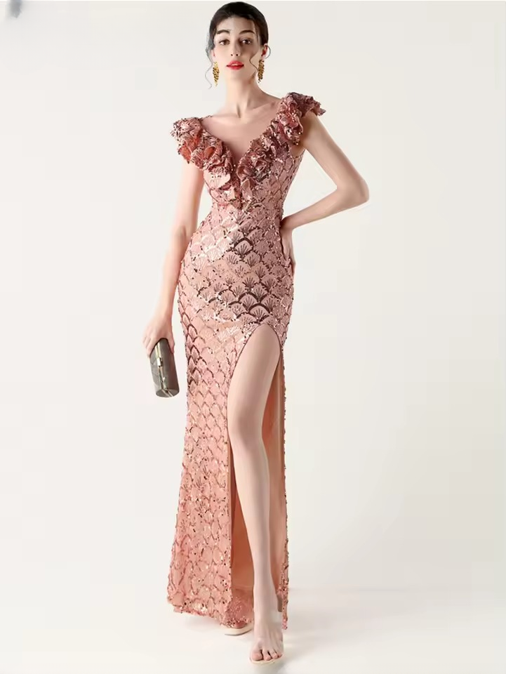 Elegant Solid Backless V-Neck Sequin zipper Party sleeveless Long Maxi Dresses