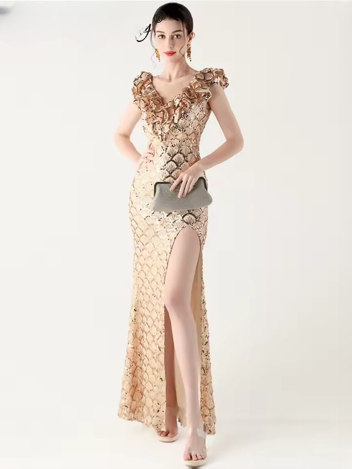 Elegant Solid Backless V-Neck Sequin zipper Party sleeveless Long Maxi Dresses