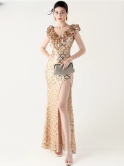 Elegant Solid Backless V-Neck Sequin zipper Party sleeveless Long Maxi Dresses