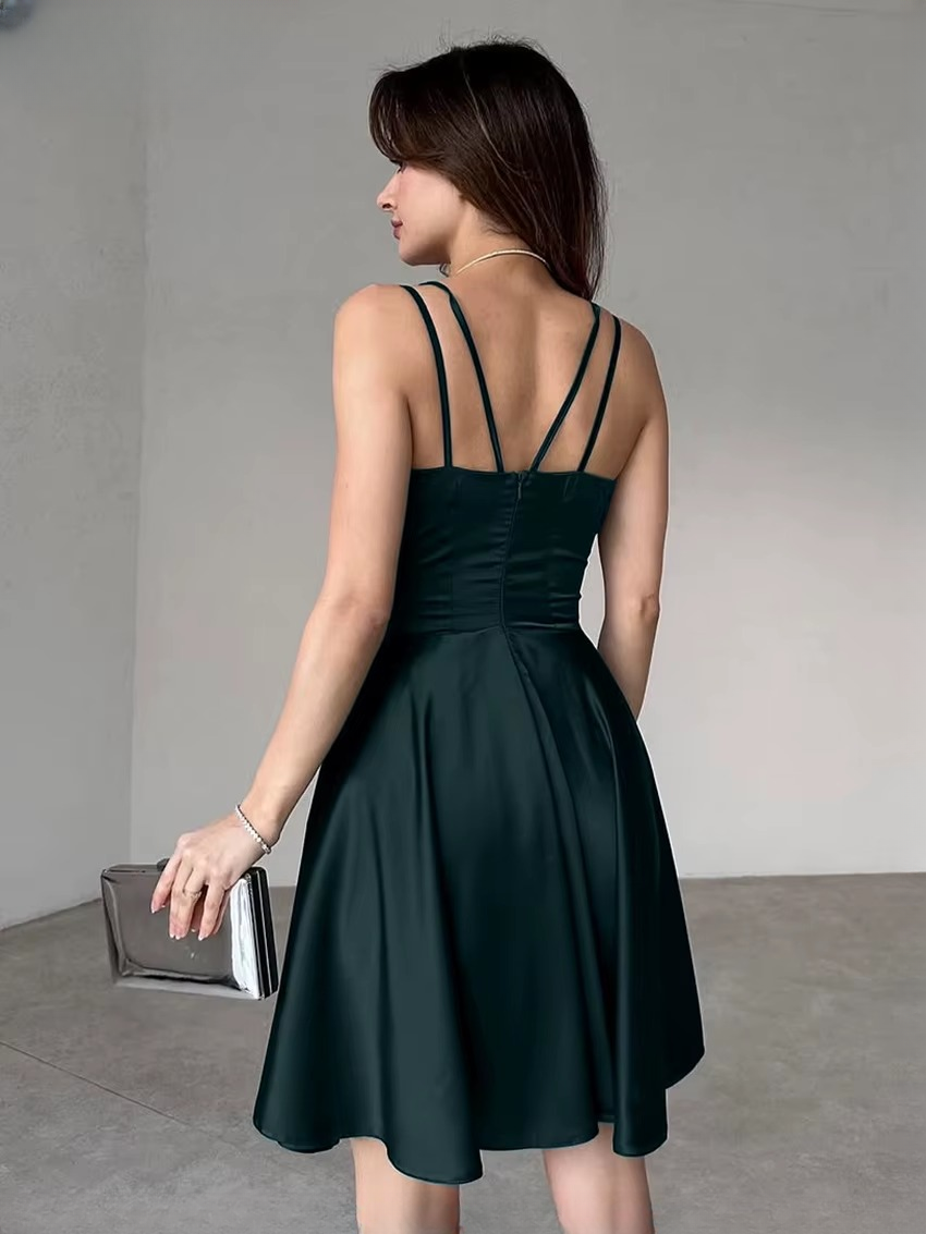 Elegant High Waist Pleated Spaghetti Strap Sleeveless Mini Dresses