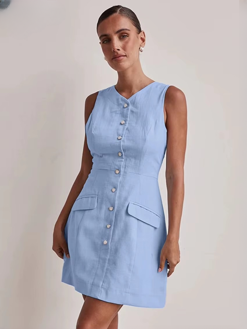Elegant Bodycon V-Neck Sleeveless Classic Pockets Mini Dresses