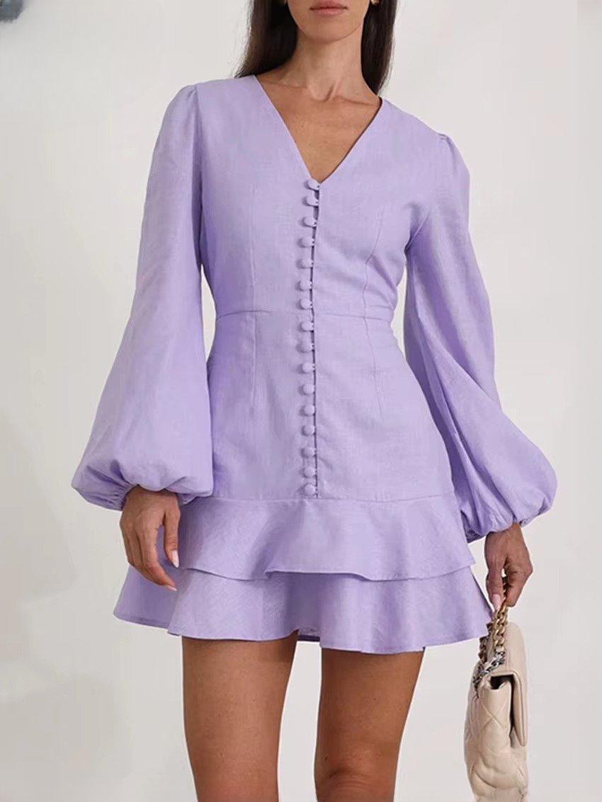 Casual Slim Cotton V-Neck Long Sleeve Classic Pleated Mini Dresses