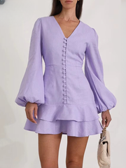 Casual Slim Cotton V-Neck Long Sleeve Classic Pleated Mini Dresses
