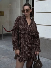 Casual V-Neck Long Sleeve Loose Print  Ruffle Mini Dresses