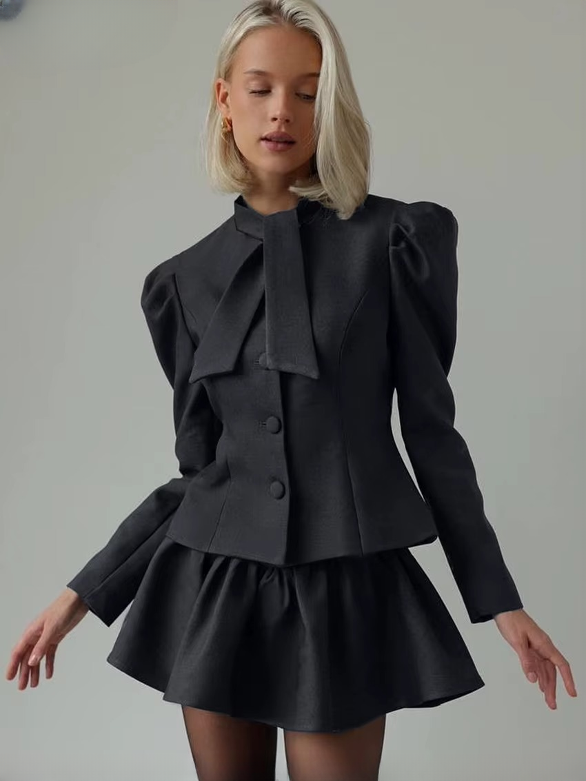 Elegant Long Sleeve Shirt With High Waist Mini Skirt Two Pieces Set