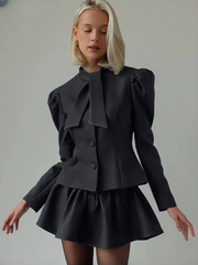 Elegant Long Sleeve Shirt With High Waist Mini Skirt Two Pieces Set