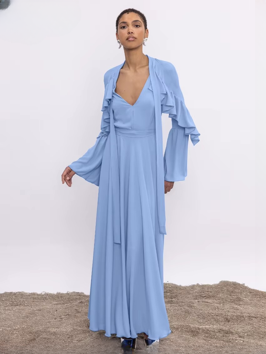 Elegant V-Neck Long Sleeve Ruffle Classic Lace-Up Maxi Dresses