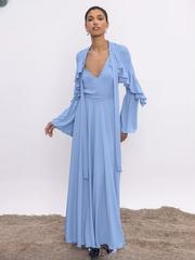 Elegant V-Neck Long Sleeve Ruffle Classic Lace-Up Maxi Dresses