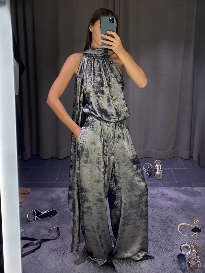 Casual Sleeveless Tank Top With High Waist Wide Pants Two Piece Sets