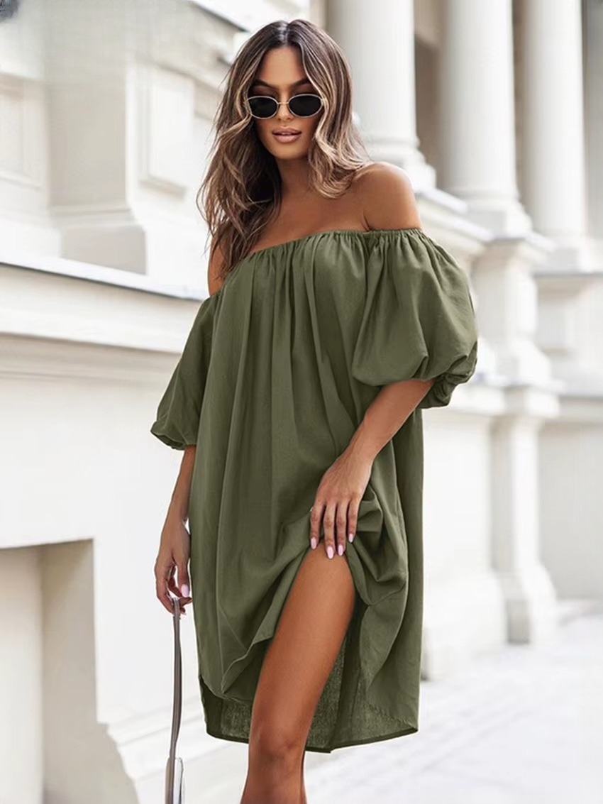 Elegant Square Collar Short Sleeve Cotton Mini Dresses