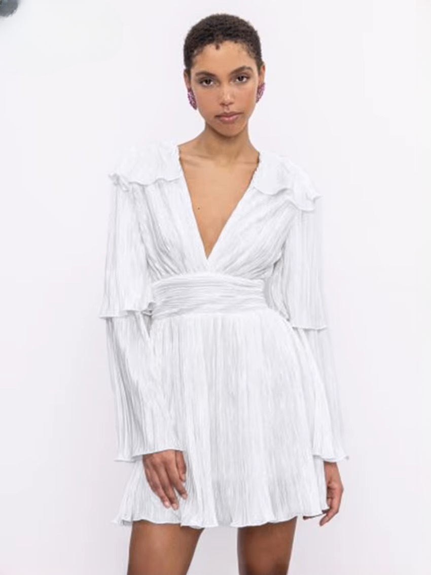 Elegant V-Neck Long Sleeve Classic High Waist Pleated Mini Dresses