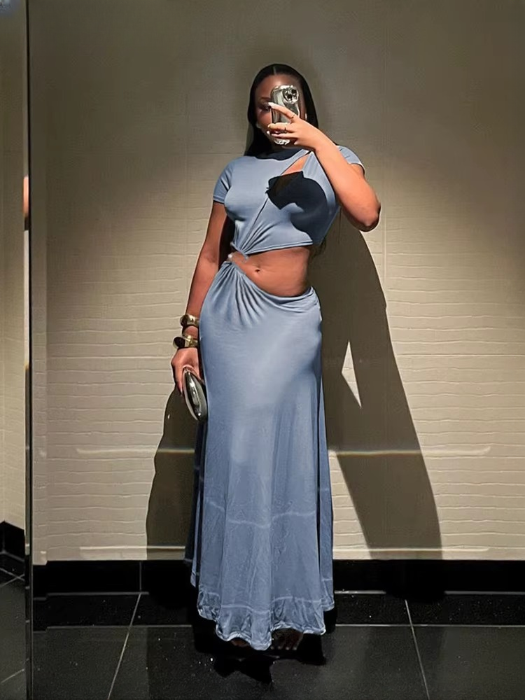 Classic Solid Chic Waistless Hollow Short Sleeve O-neck Simple Long Maxi Dress