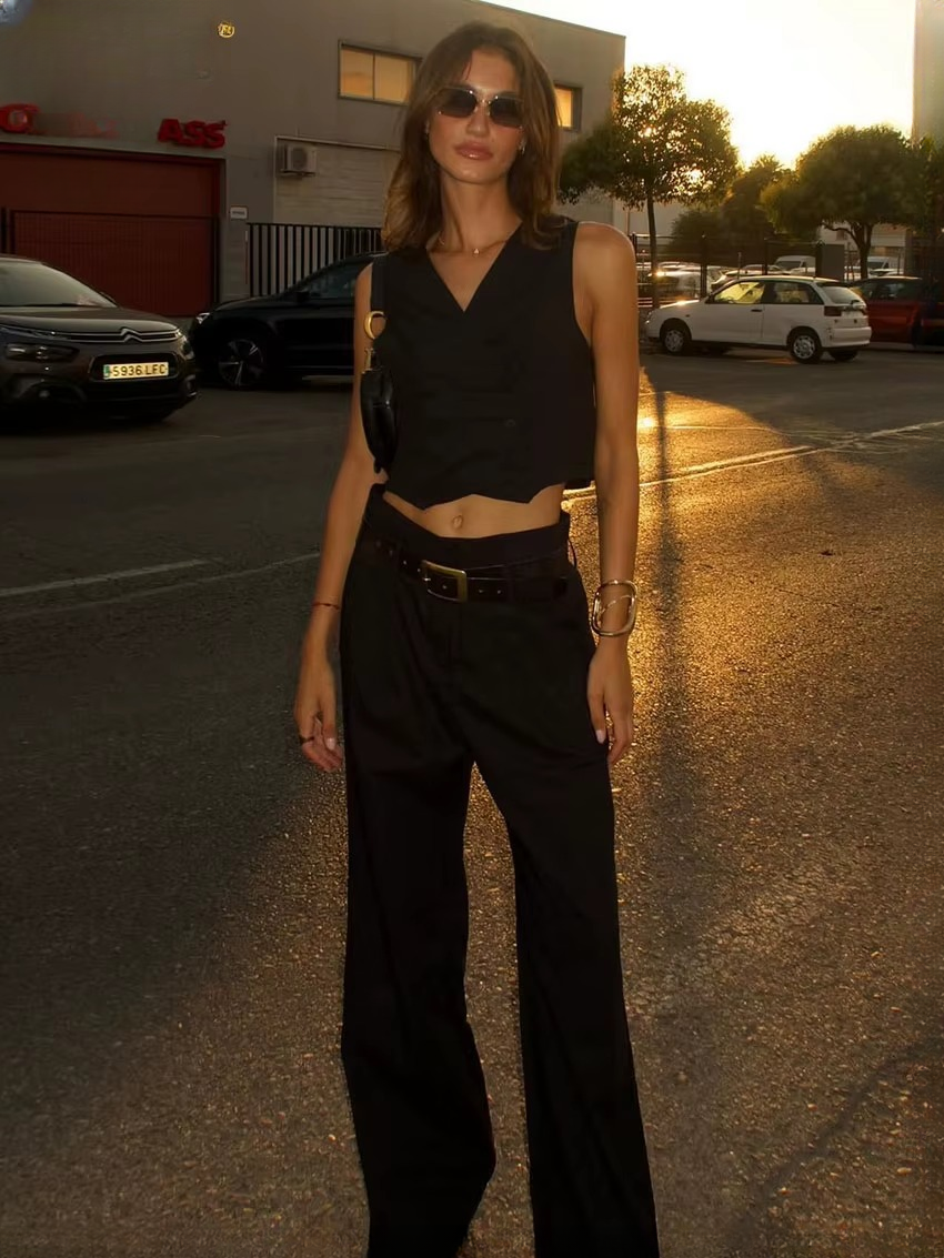 Casual Sleeveless Tank Top With High Waist Wide Pants Two Pieces Set