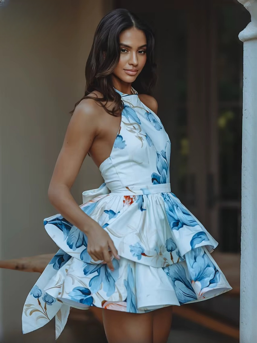 Elegant Print High Waist Pleated Halter Sleeveless Mini Dresses