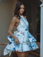 Elegant Print High Waist Pleated Halter Sleeveless Mini Dresses