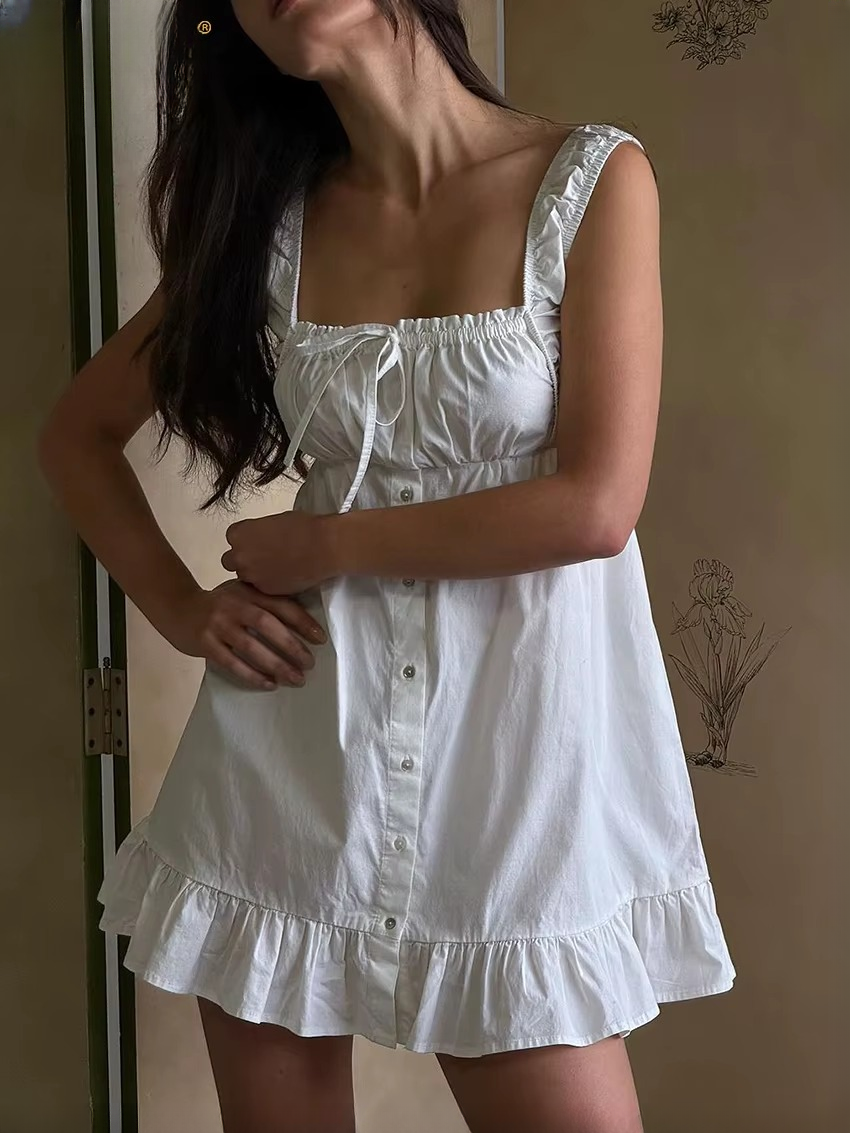 Elegant Spaghetti Strap Classic Pleated Square Collar Sleeveless Mini Dress
