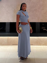 Classic Solid Chic Waistless Hollow Short Sleeve O-neck Simple Long Maxi Dress