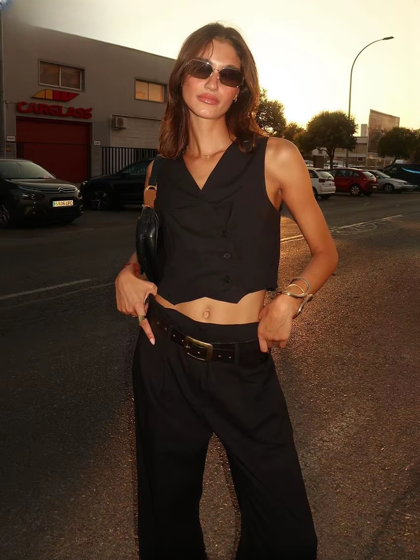 Casual Sleeveless Tank Top With High Waist Wide Pants Two Pieces Set
