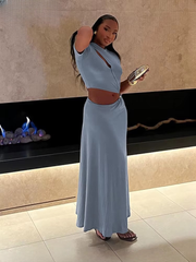 Classic Solid Chic Waistless Hollow Short Sleeve O-neck Simple Long Maxi Dress