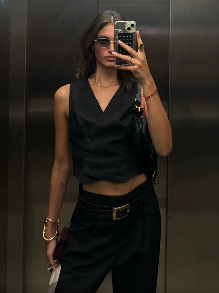 Casual Sleeveless Tank Top With High Waist Wide Pants Two Pieces Set