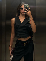 Casual Sleeveless Tank Top With High Waist Wide Pants Two Pieces Set
