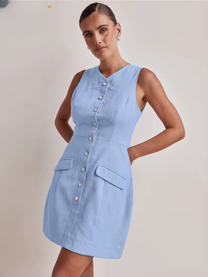 Elegant Bodycon V-Neck Sleeveless Classic Pockets Mini Dresses