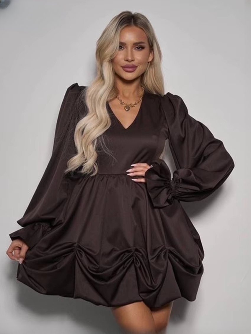 Casual V-Neck Pullover High Waist Pleated Long Sleeve Mini Dresses