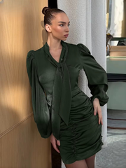 Elegant Bow Collar Long Sleeve High Waist Ruched Bodycon Mini Dresses
