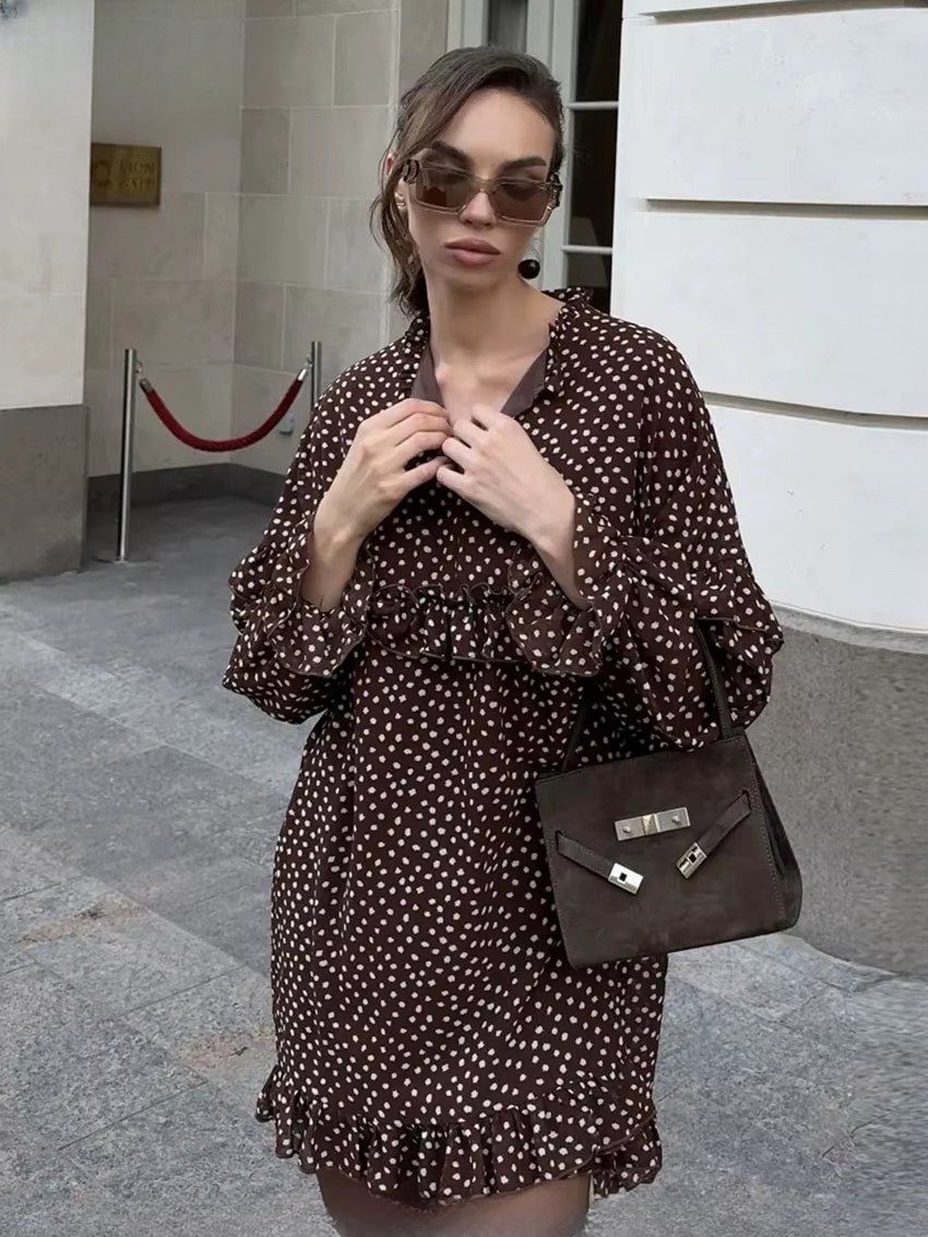 Casual V-Neck Long Sleeve Loose Print  Ruffle Mini Dresses