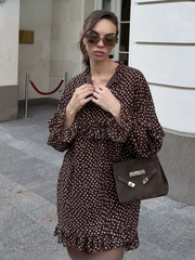 Casual V-Neck Long Sleeve Loose Print  Ruffle Mini Dresses