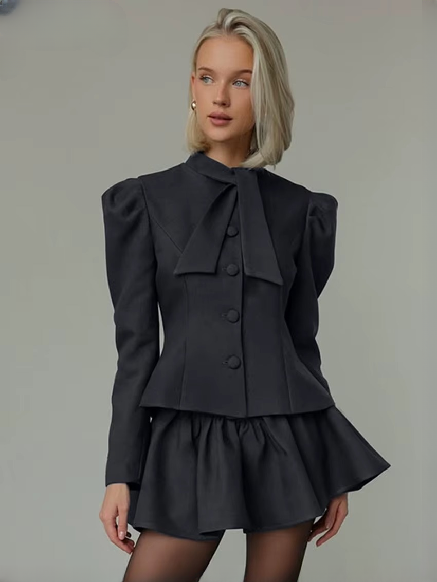 Elegant Long Sleeve Shirt With High Waist Mini Skirt Two Pieces Set