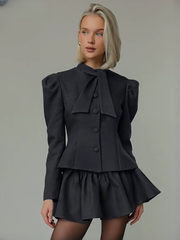 Elegant Long Sleeve Shirt With High Waist Mini Skirt Two Pieces Set