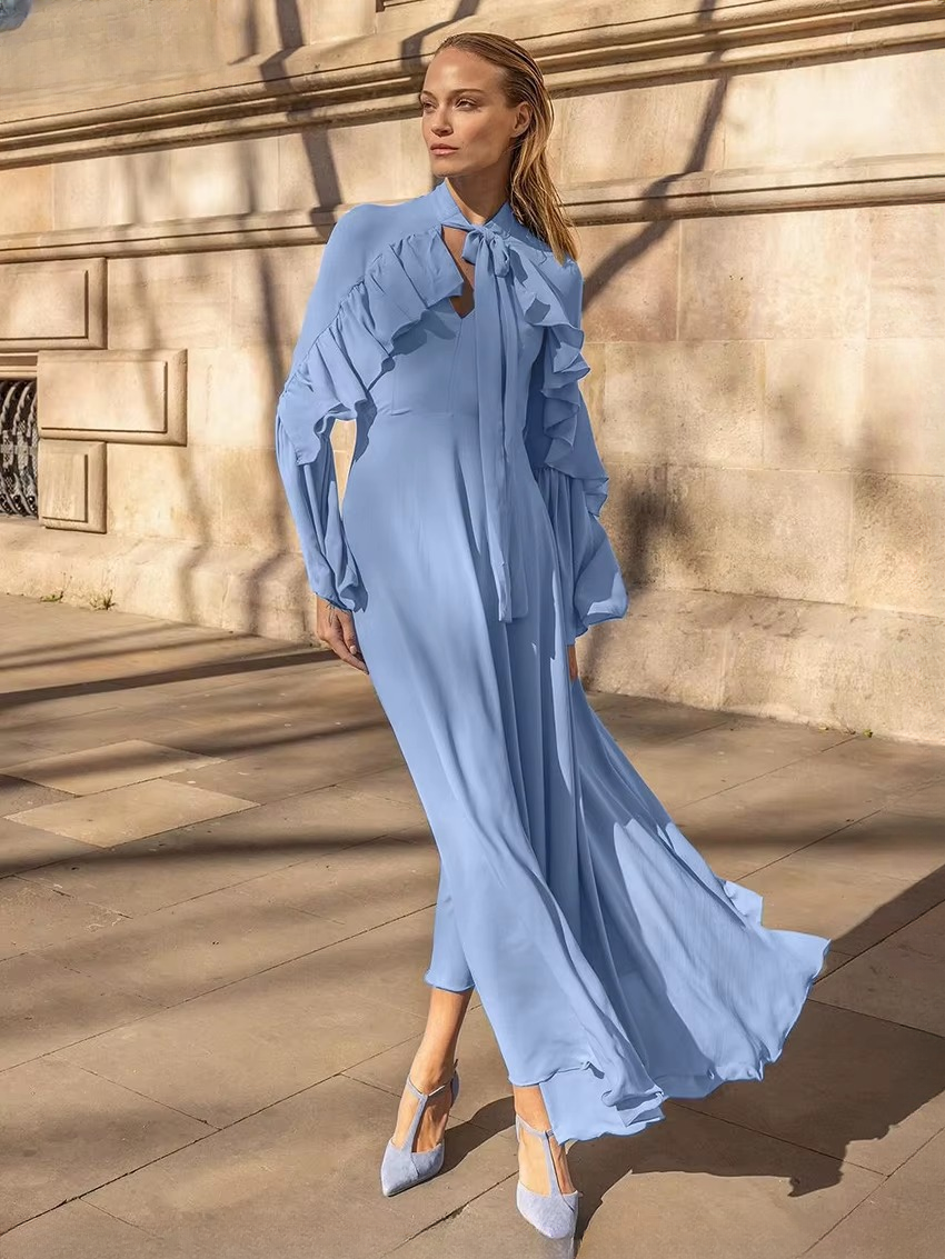 Elegant V-Neck Long Sleeve Ruffle Classic Lace-Up Maxi Dresses