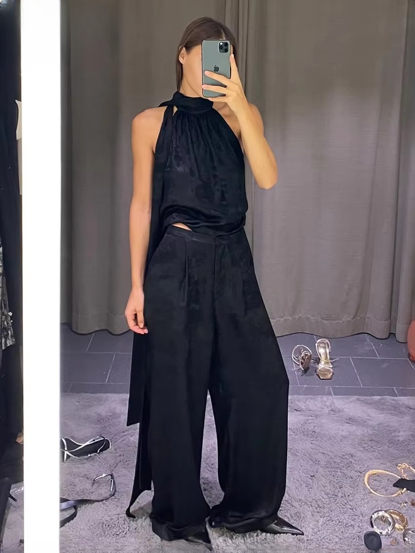 Casual Sleeveless Tank Top With High Waist Wide Pants Two Piece Sets