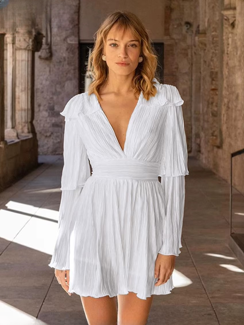 Elegant V-Neck Long Sleeve Classic High Waist Pleated Mini Dresses
