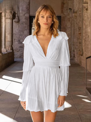 Elegant V-Neck Long Sleeve Classic High Waist Pleated Mini Dresses
