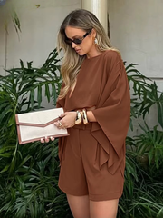 Casual Long Sleeve Crop Top With High Waist Shorts Set Two Pieces Set