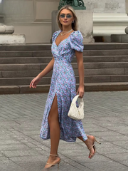 Elegant V-Neck Short Sleeve Print Ankle-Length Midi Dresses