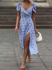 Elegant V-Neck Short Sleeve Print Ankle-Length Midi Dresses