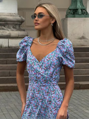 Elegant V-Neck Short Sleeve Print Ankle-Length Midi Dresses