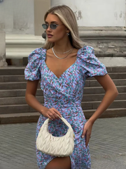 Elegant V-Neck Short Sleeve Print Ankle-Length Midi Dresses