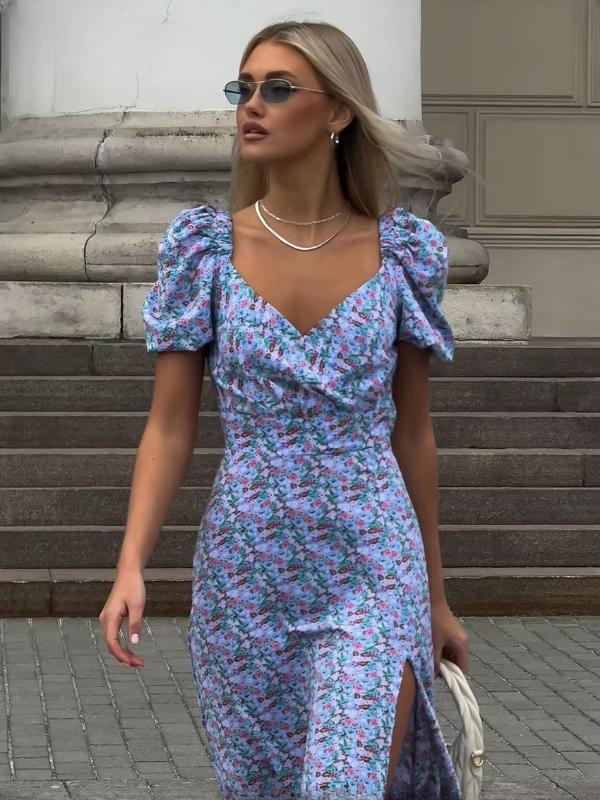 Elegant V-Neck Short Sleeve Print Ankle-Length Midi Dresses