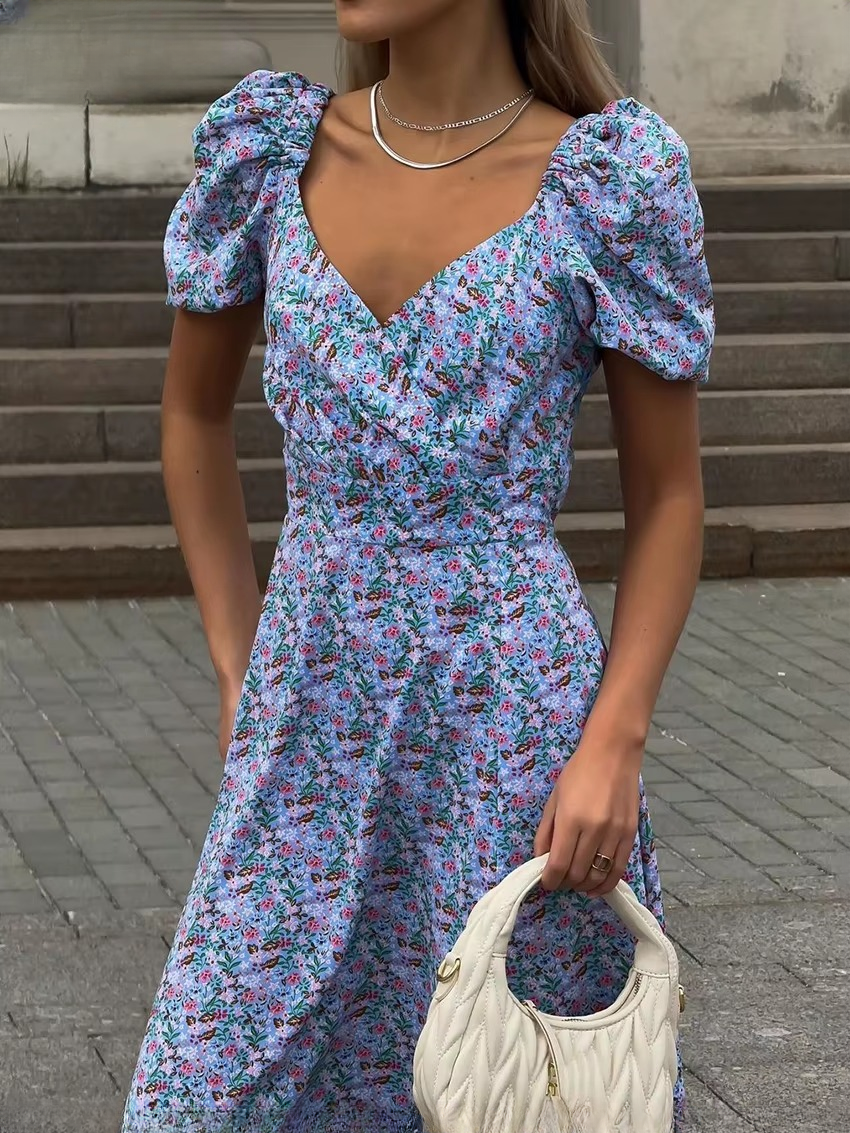 Elegant V-Neck Short Sleeve Print Ankle-Length Midi Dresses