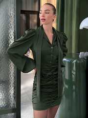 Elegant Bow Collar Long Sleeve High Waist Ruched Bodycon Mini Dresses