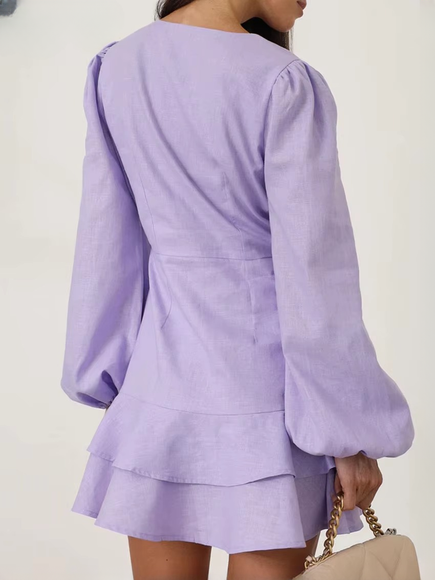 Casual Slim Cotton V-Neck Long Sleeve Classic Pleated Mini Dresses