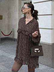 Casual V-Neck Long Sleeve Loose Print  Ruffle Mini Dresses