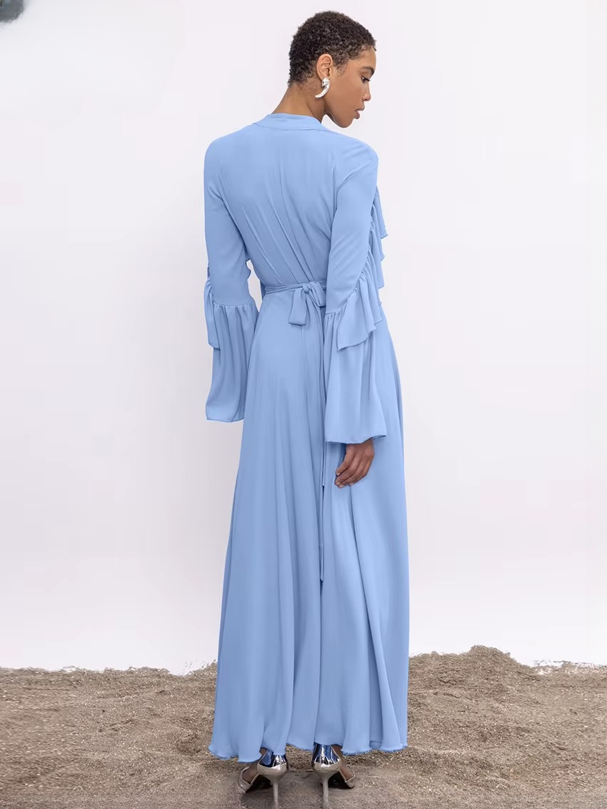 Elegant V-Neck Long Sleeve Ruffle Classic Lace-Up Maxi Dresses
